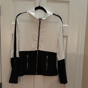 SHEIN Black & White Zip-Front Sweater Jacket